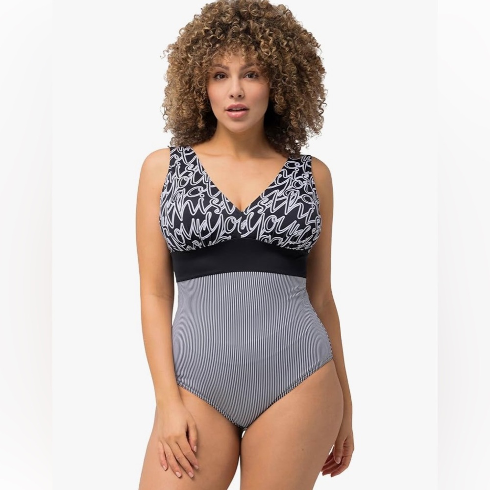 Ulla Popken sz 16 plus‎ Black and White Swirls & Stripes One Piece Swimsuit